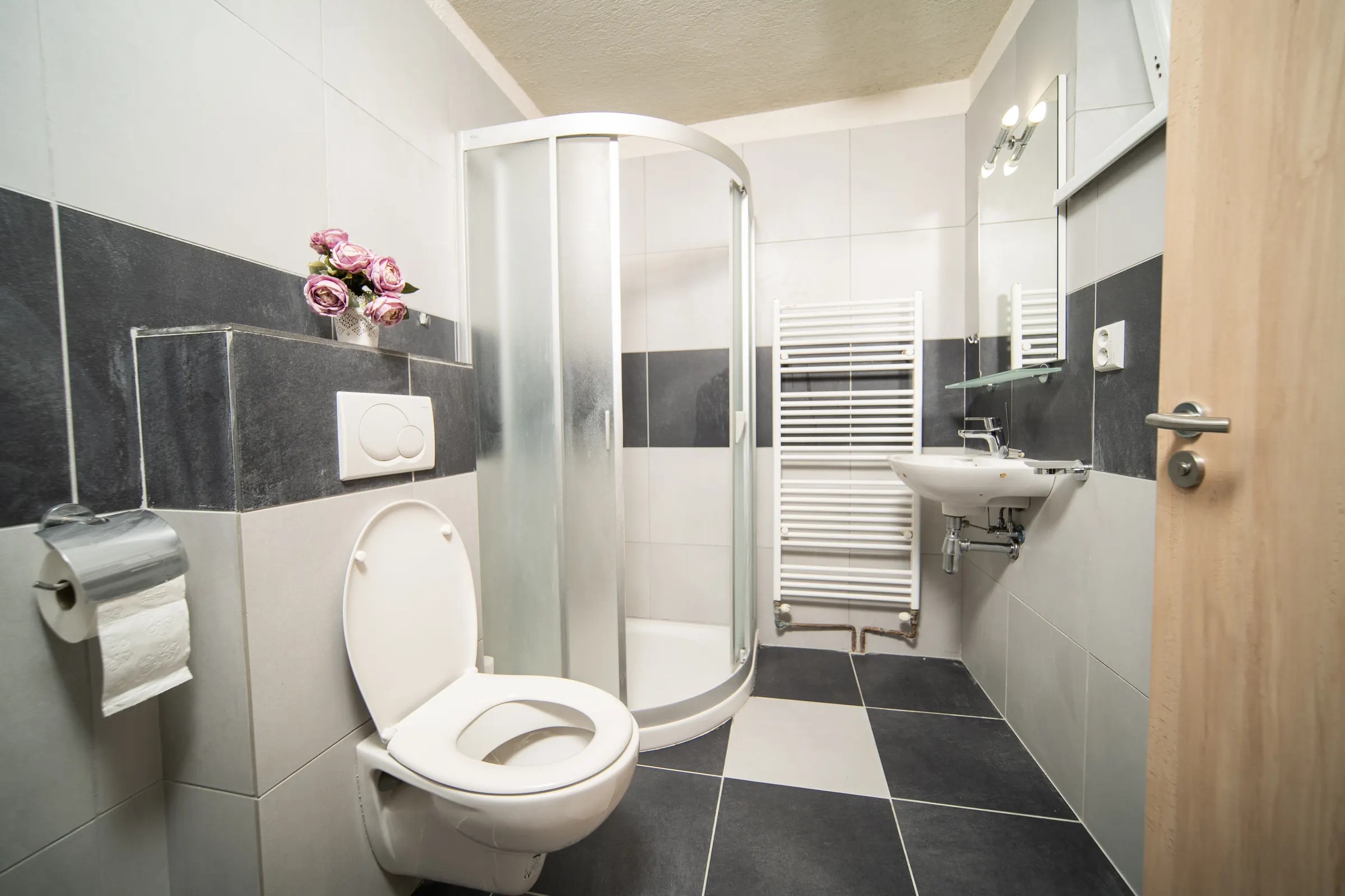 Kúpeľňa v apartmáne č. 2 so sprchovým kútom a vyhrievaným rebríkom