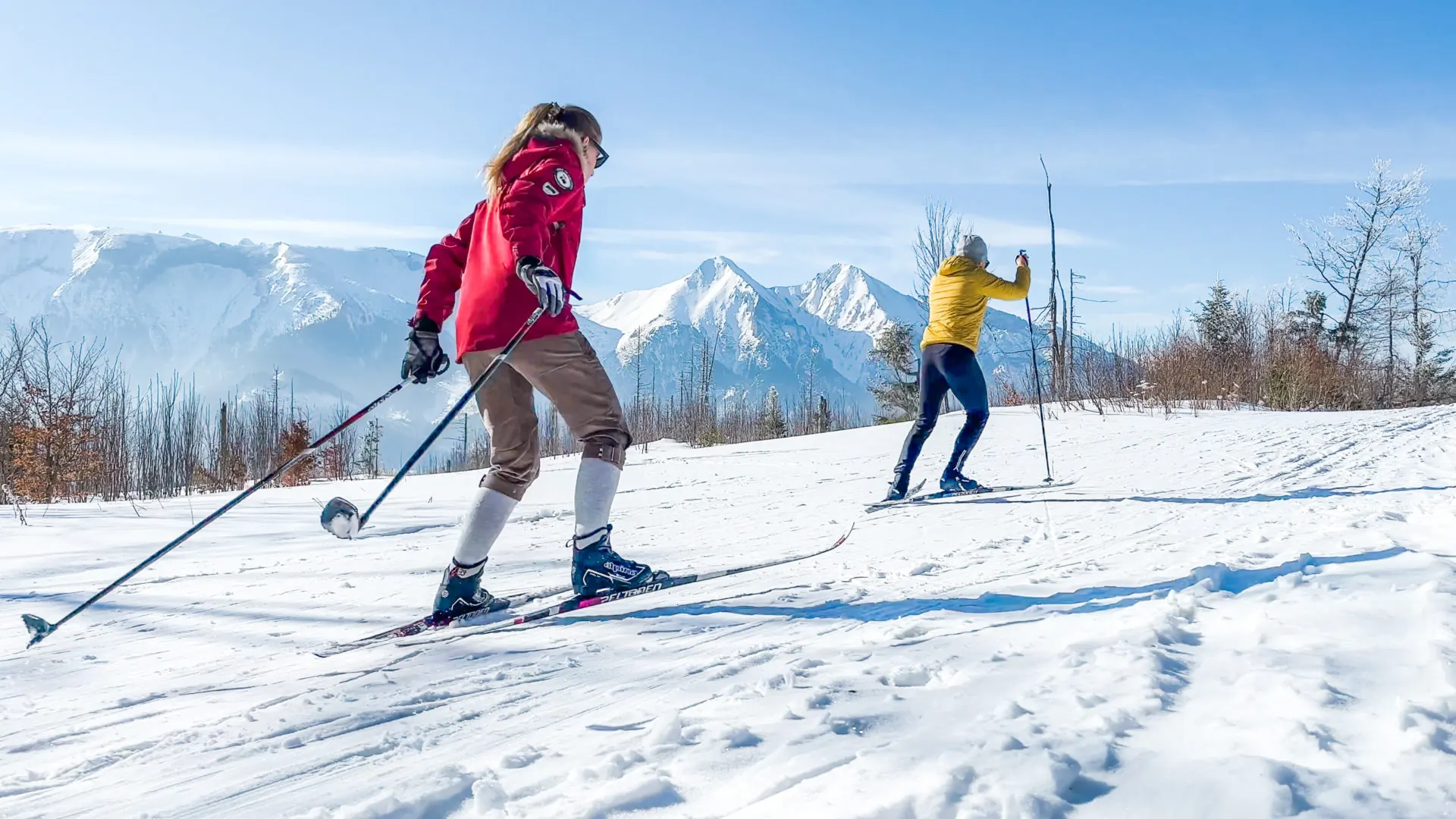 Two cross-country skiers on a snowy meadow, with the Belianske Tatras behind