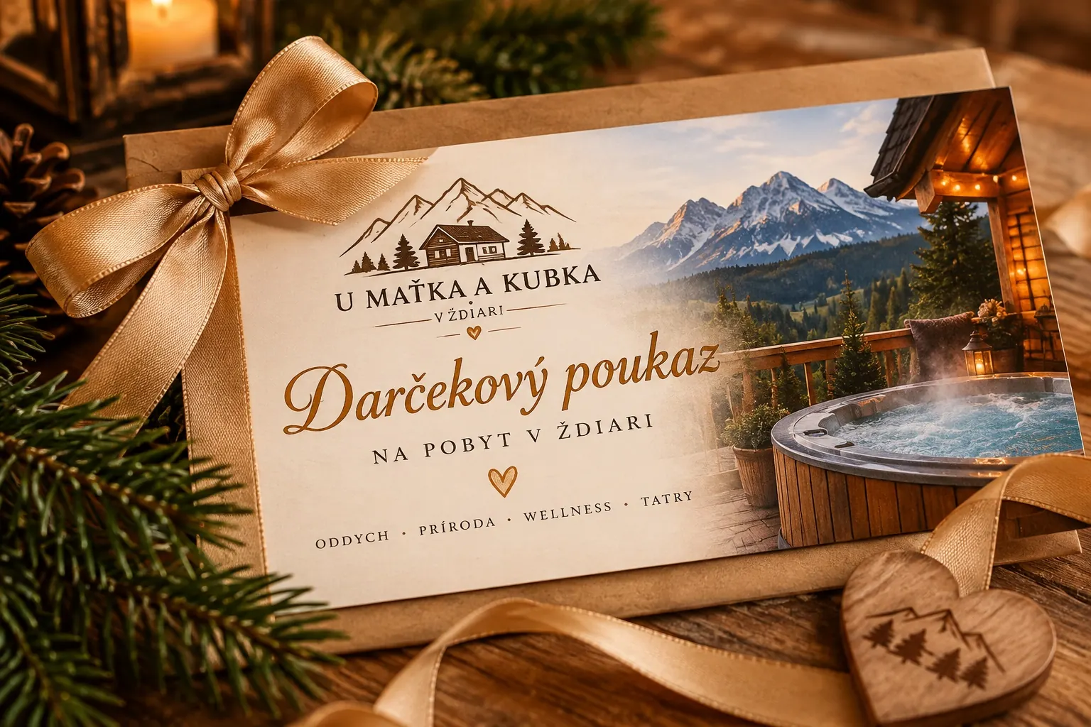 Gift voucher with a gold ribbon for a stay at U Maťka a Kubka in Ždiar