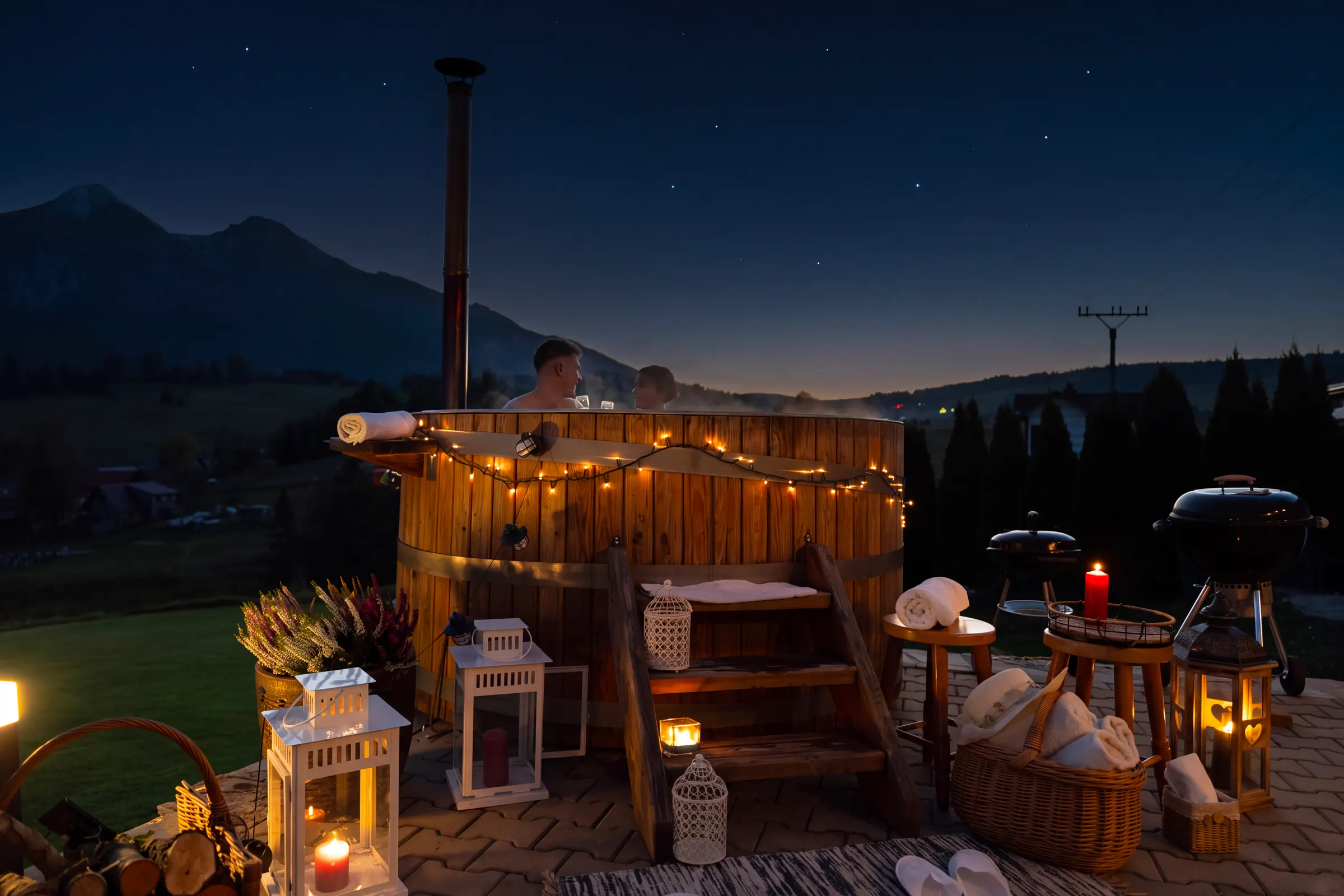 Couple in the wooden hot tub on the terrace at night, with lanterns, candles and stars above the Belianske Tatras
