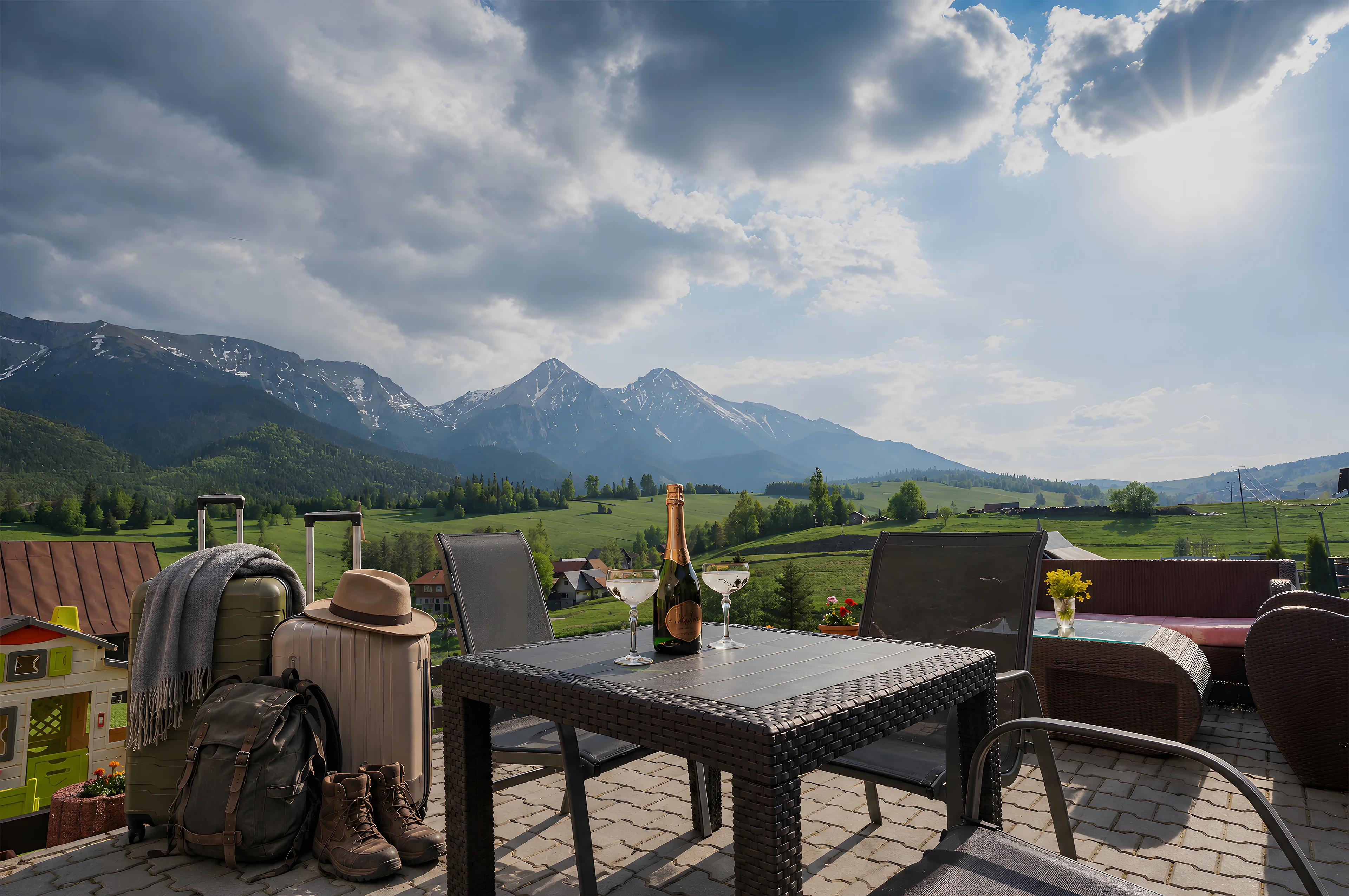Suitcases, a blanket, a backpack and walking boots on the terrace overlooking the Belianske Tatras