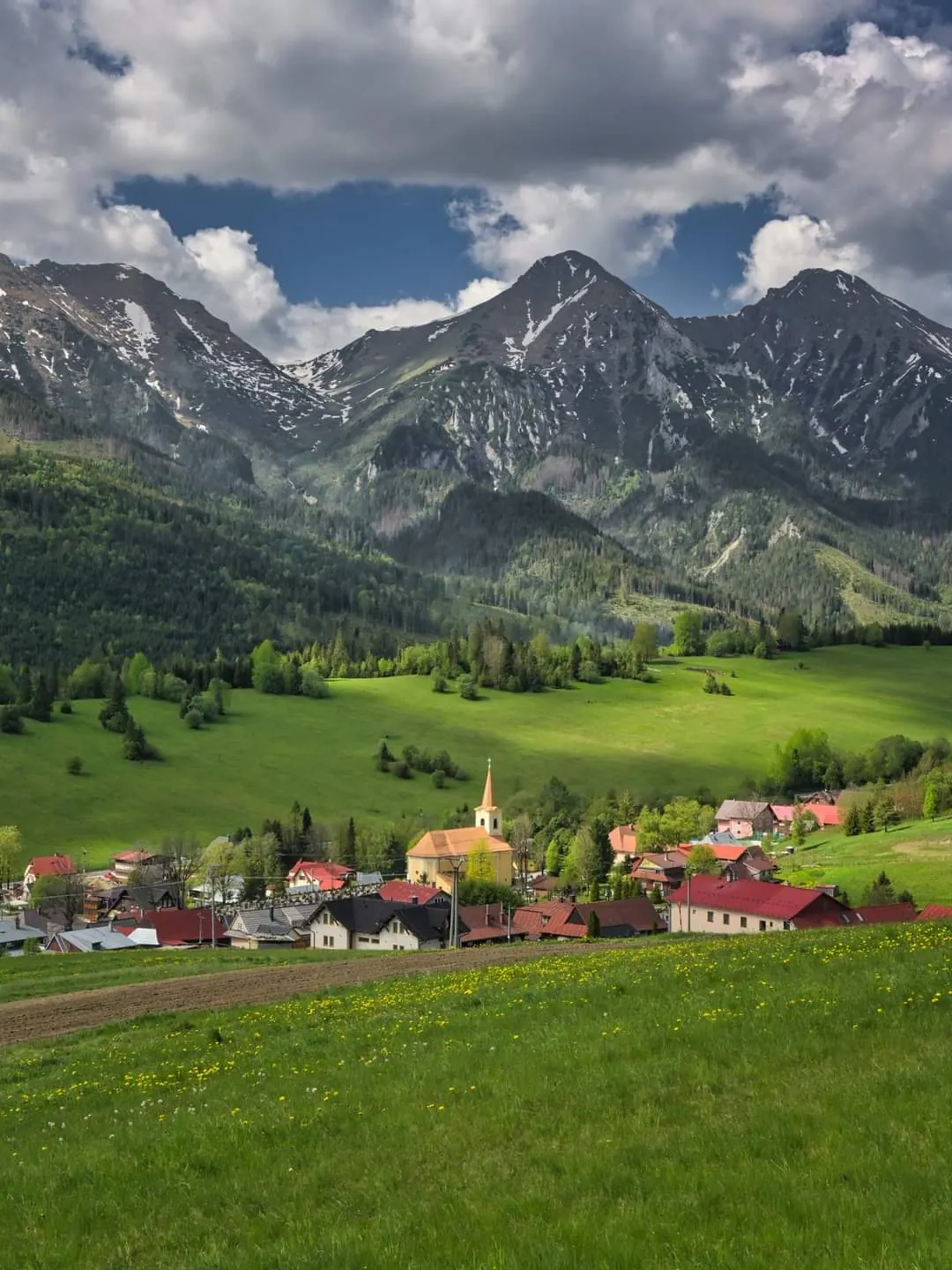 Ždiar with its church and houses beneath the Belianske Tatras, with a meadow in the foreground