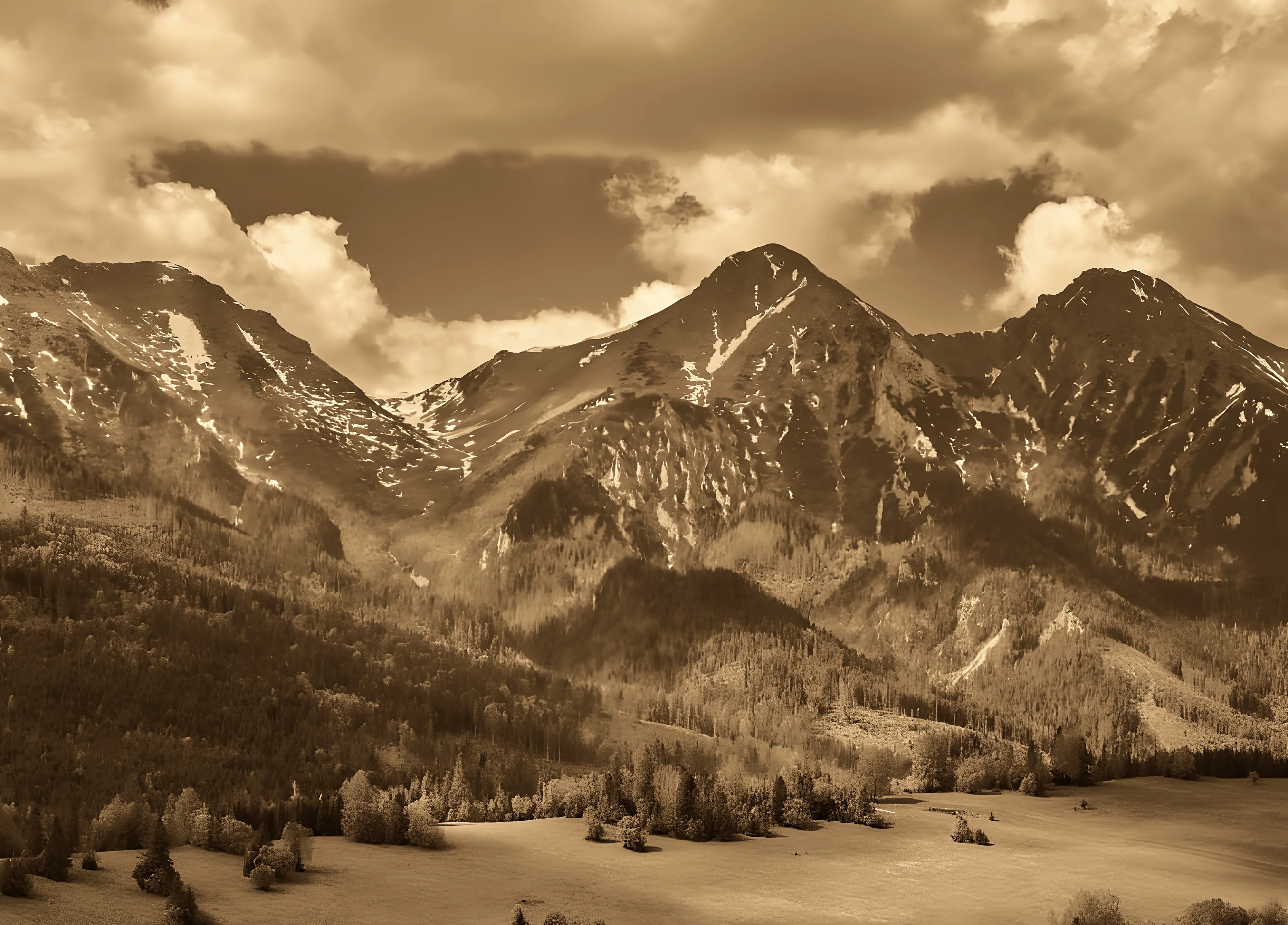 Ždiar with its church and houses beneath the Belianske Tatras, in sepia tones